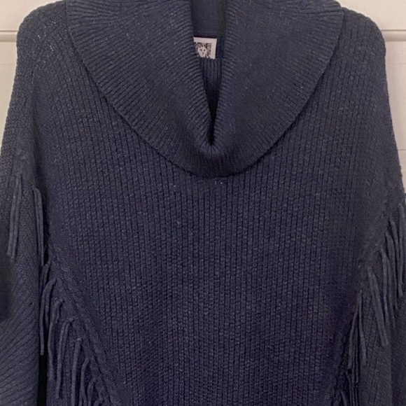 Boho Fringe Short Sleeve Poncho Navy Blue Batwing Sleeves Women’s Size Large - Picture 5 of 9